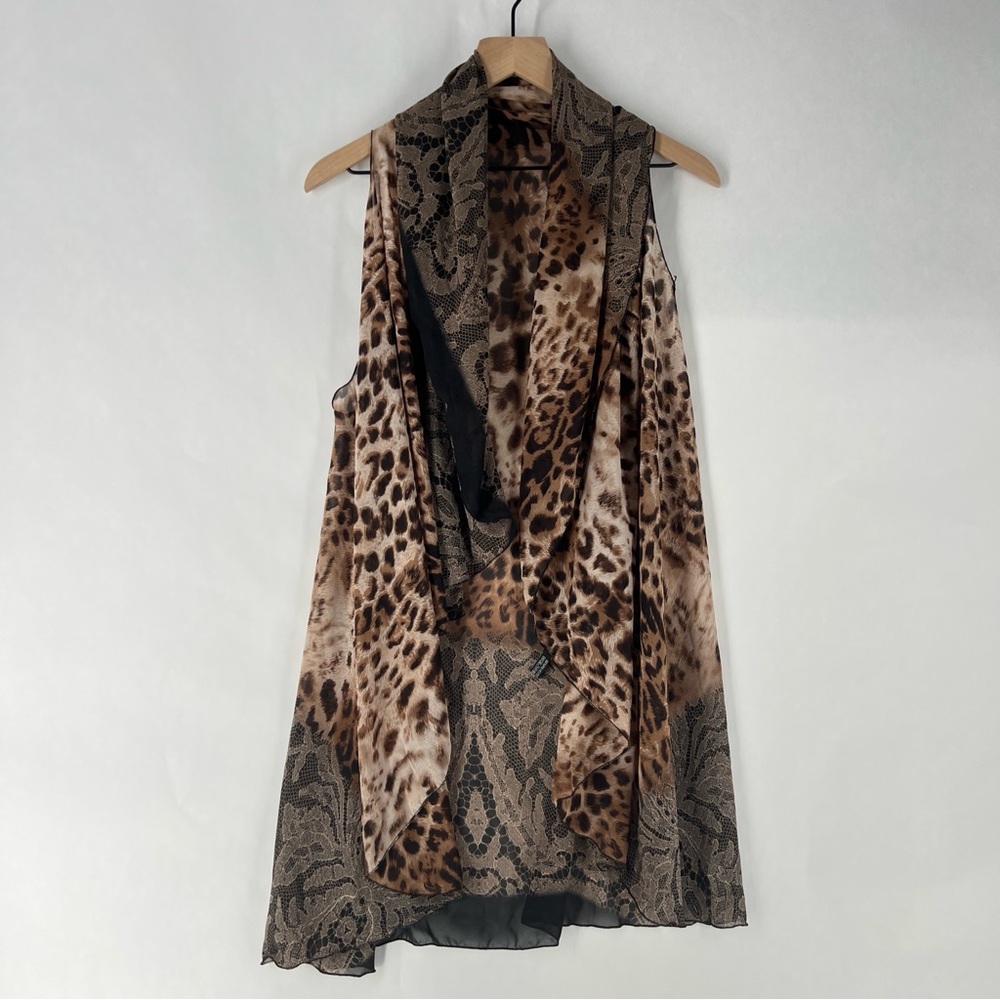 Sheer Chiffon Leopard Print Sleeveless Draped Open Front Topper Layering Piece - Picture 2 of 13